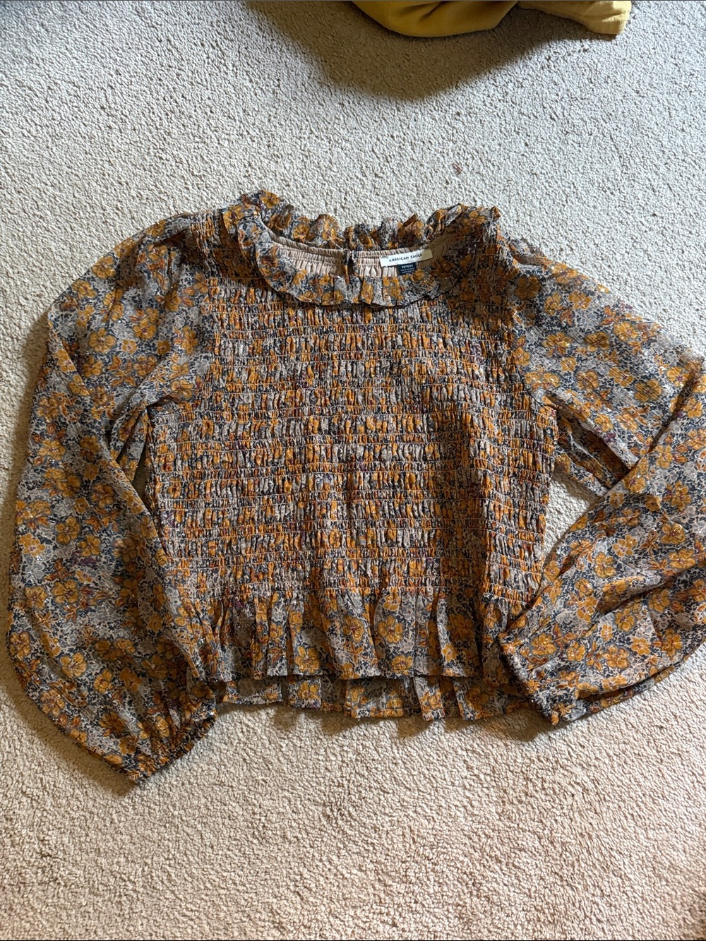 American Eagle Outfitters Mustard Floral Smocked Ruffle Blouse